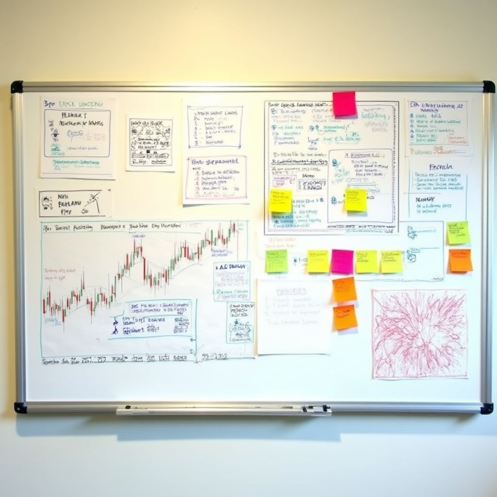 Pizarra con estrategias de trading y notas adhesivas.