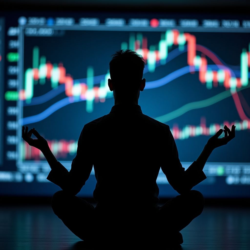 Una persona meditando frente a gráficos de mercado.