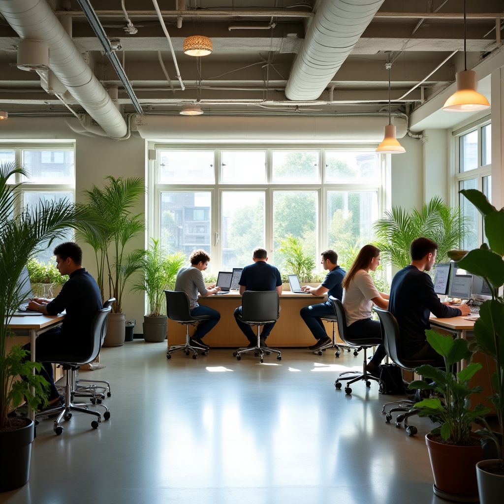 Espacio de oficina moderno y colaborativo.