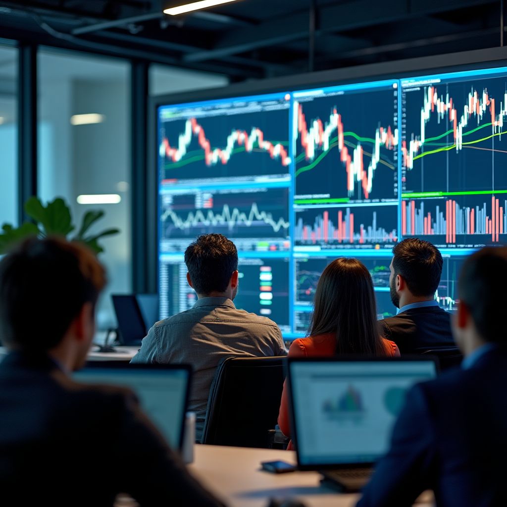 Equipo de expertos en finanzas discutiendo gráficos de mercado.